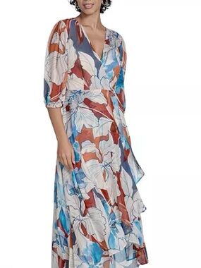 Floral Wrap Maxi Dress in Blue & Rust